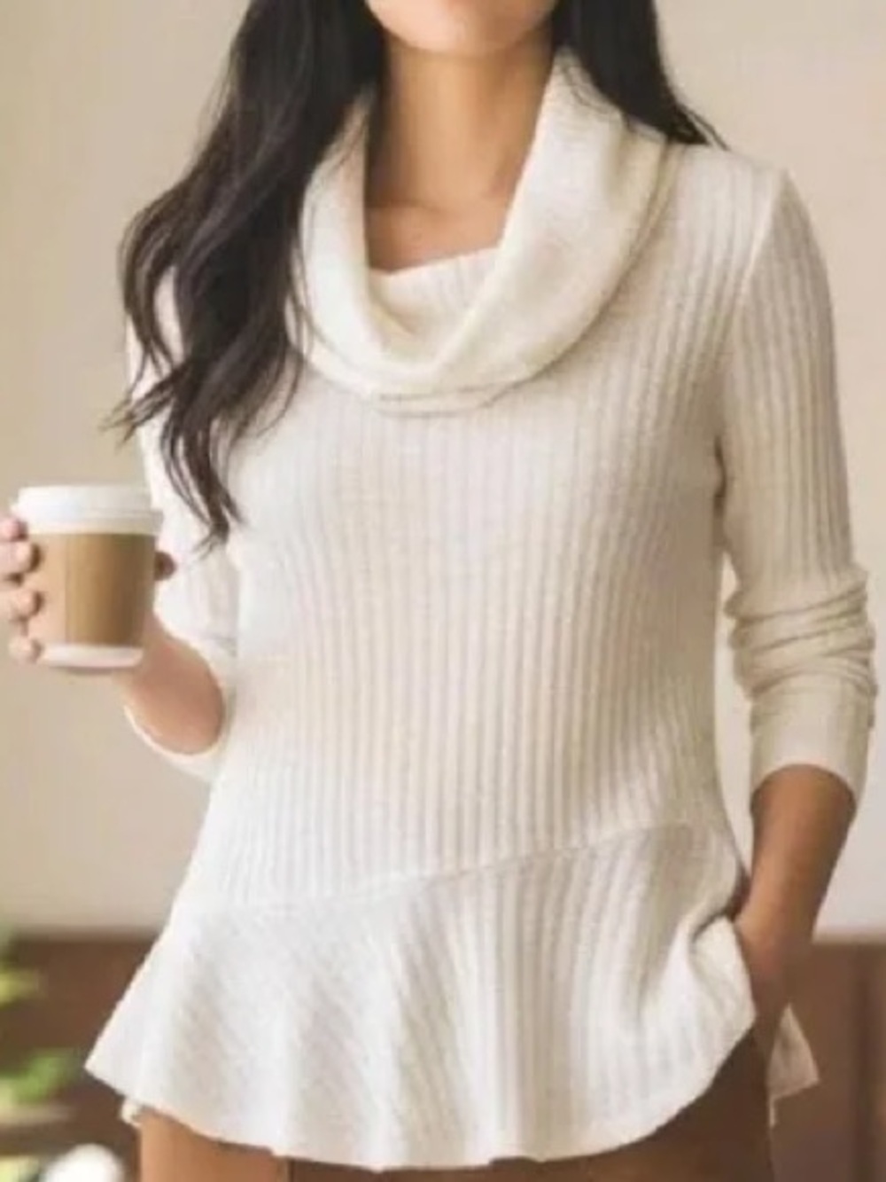 Maeve Anthropologie Cream Ribbed Cowl-Neck Peplum Sweater